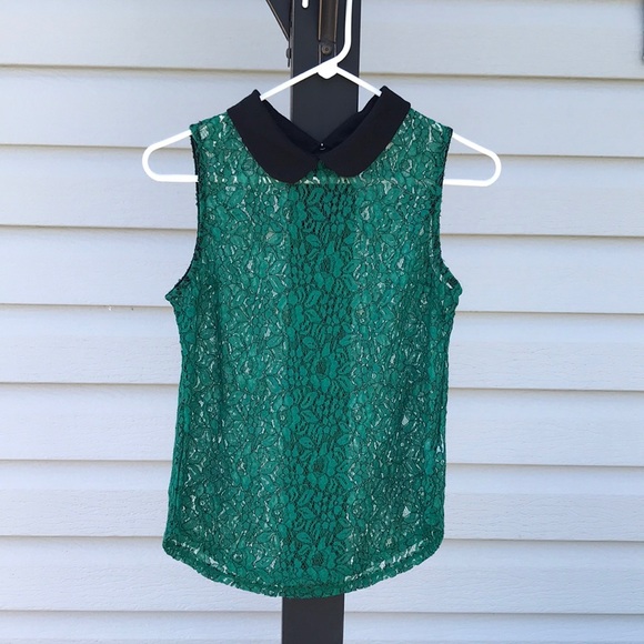 Sheer green lace top with black collar Anthropologie Meraki size M - Picture 1 of 3